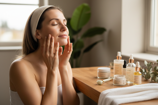 A woman giving herself a gentle facial massage with fingertips on cheekbones, eyes closed, in soft warm natural light